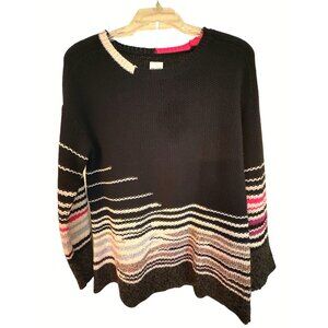 Nic and Zoe Womens Black Sweater With Multicolor Stripes Cotton Blend PM